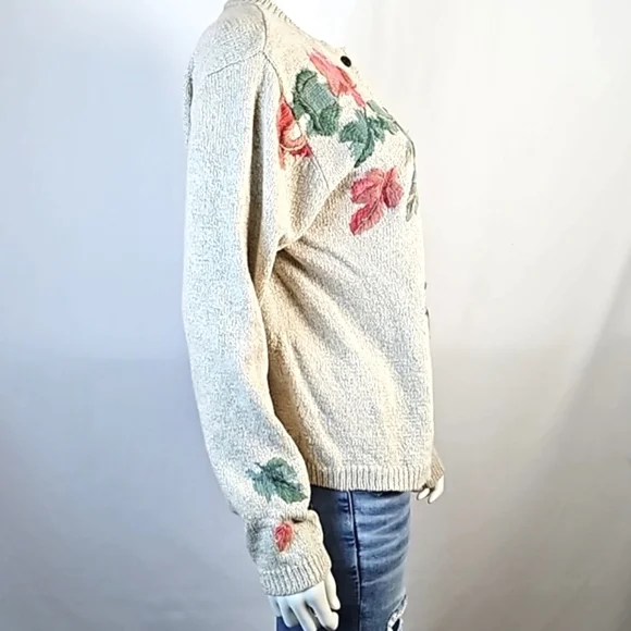 VTG Monterey by Koret Linen Cotton Knit Cream Cardigan w Embroidered Leaf Motif - Picture 11 of 16